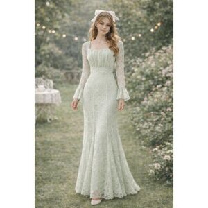 Lace Mesh Maxi Dress S Coquette Fiary Prom Gown Romantic Feminine Pastel Mint